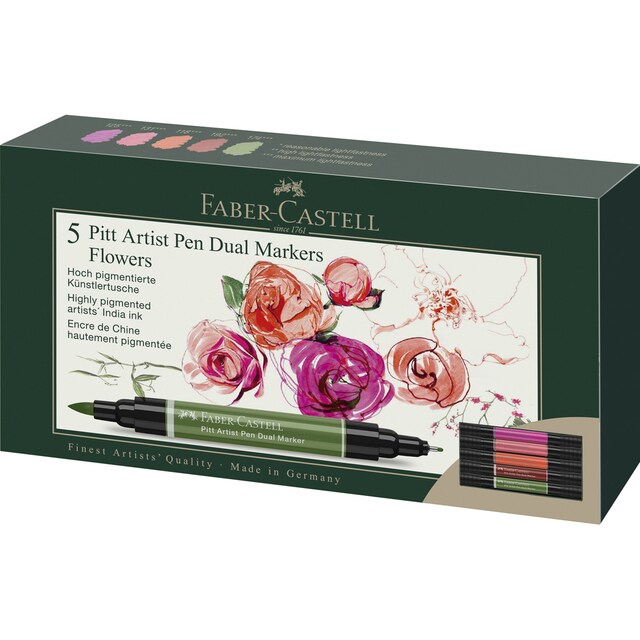 Imagen 0 de Pack 5 rotuladores doble punta tinta china Dual Marker Faber-Castell flores