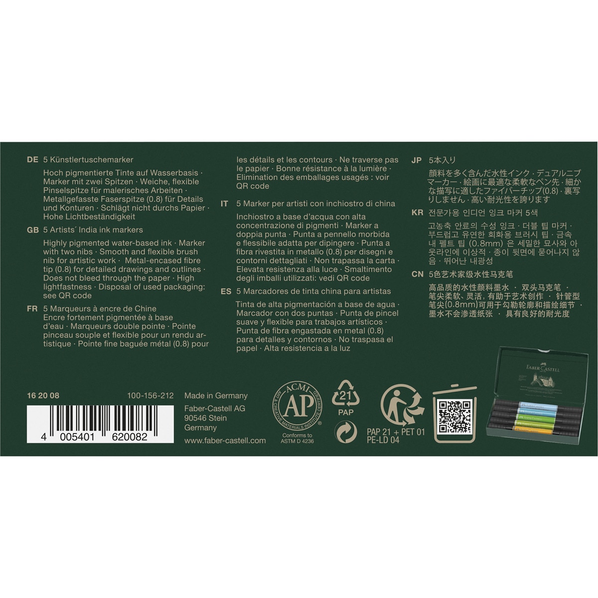 Pack 5 rotuladores doble punta tinta china Dual Marker Faber-Castell animal Multicolor-2