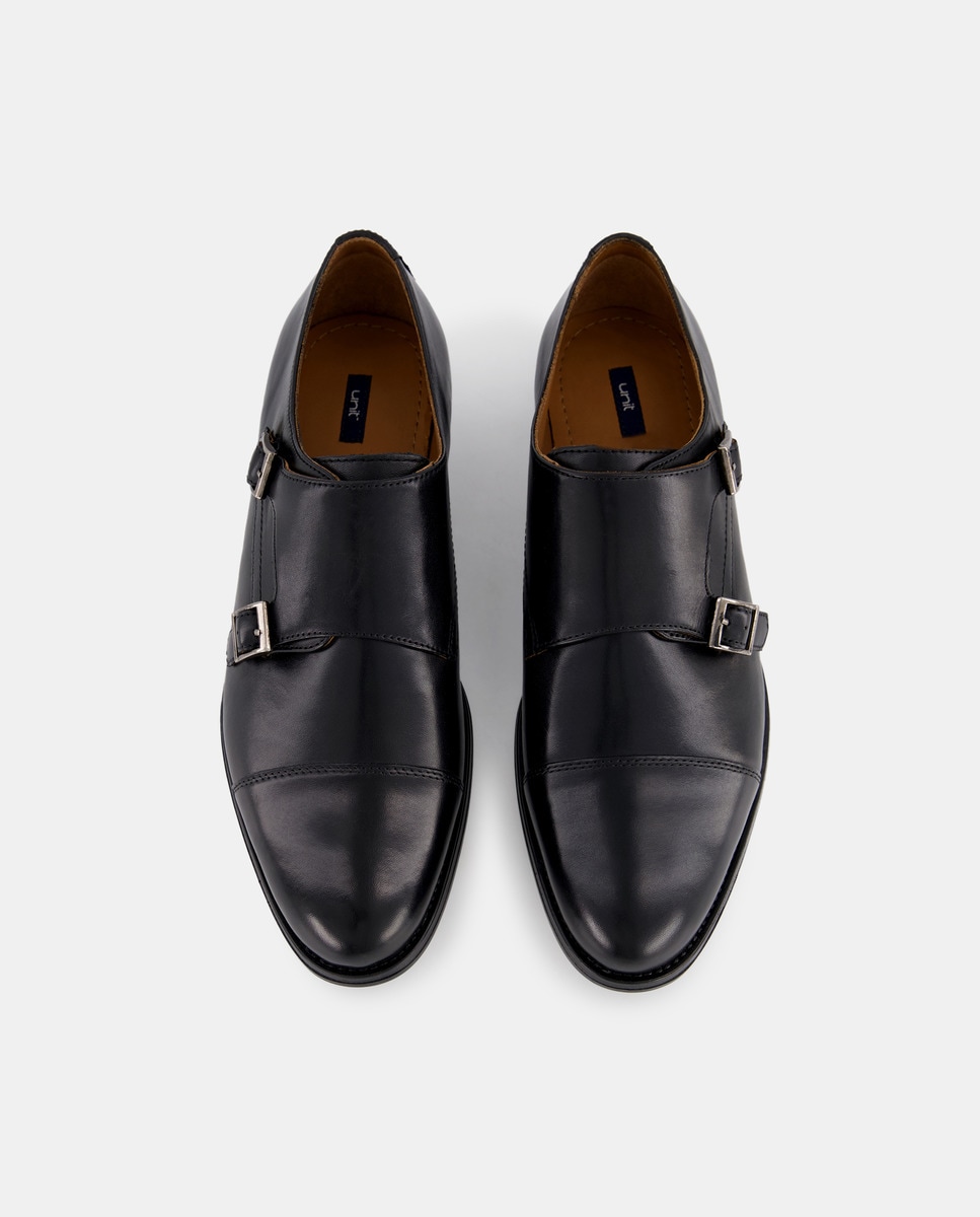 Zapato doble hebilla de hombre puntera recta de piel con piso de goma Negro-4