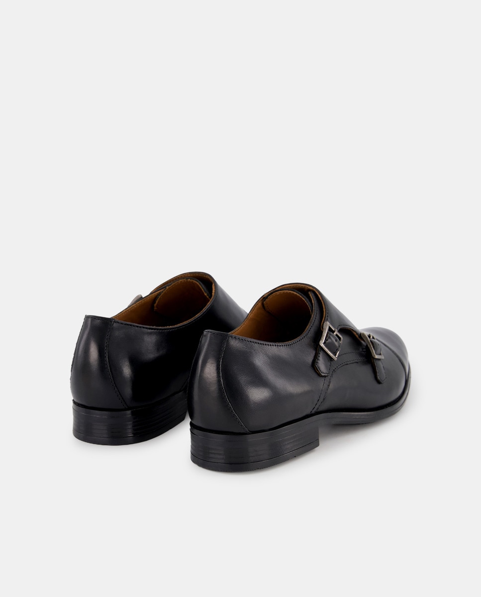 Zapato doble hebilla de hombre puntera recta de piel con piso de goma Negro-3