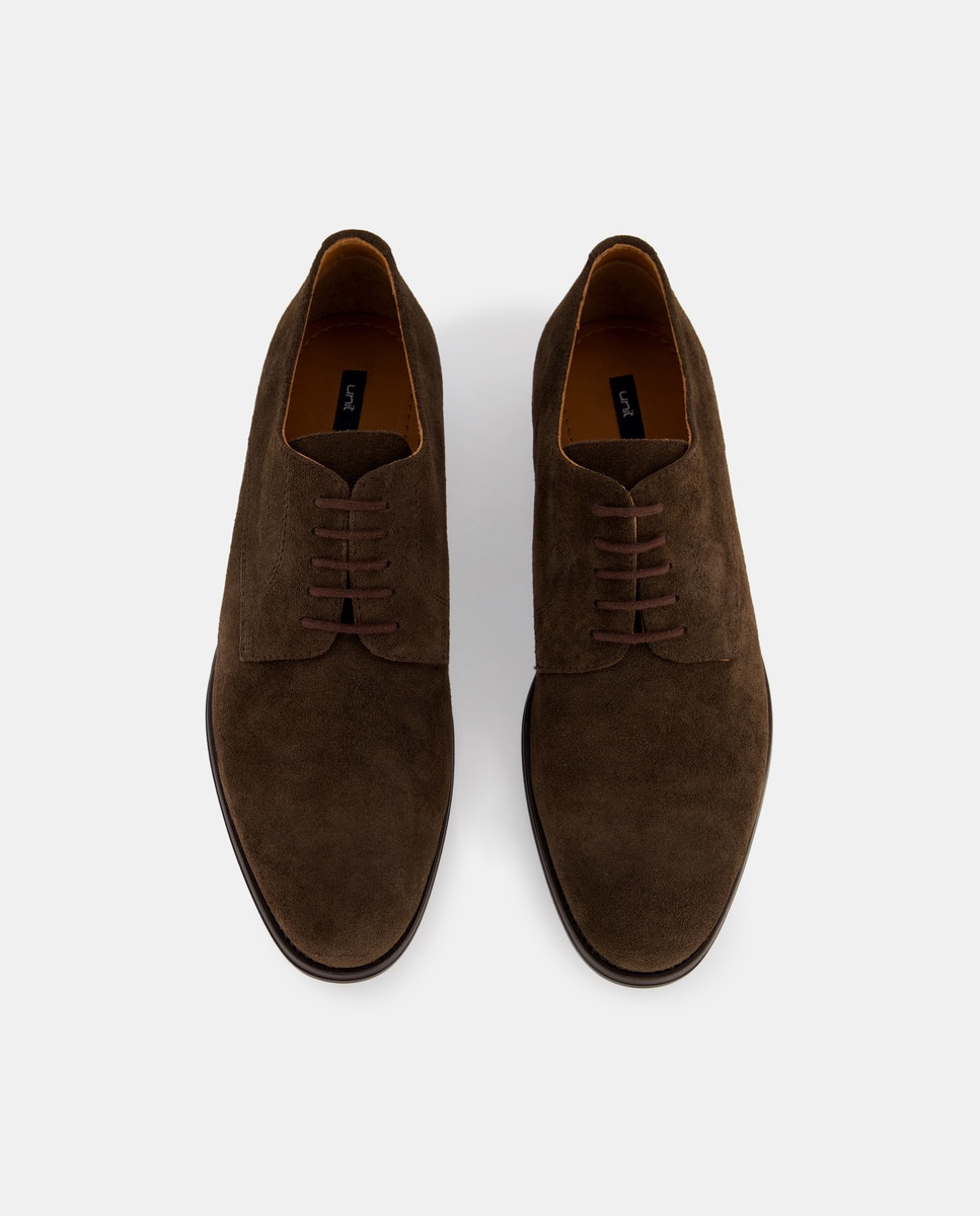 Zapato cordones pala lisa de serraje con piso de goma Marrón-4