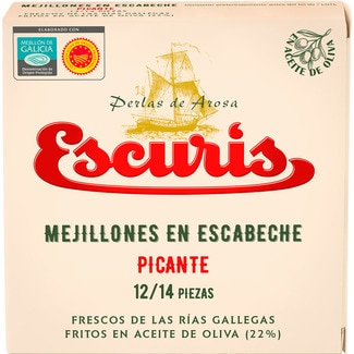 mejillones en escabeche picante DOP de las rías gallegas 12-14 piezas lata 69 g neto escurrido - Escuris