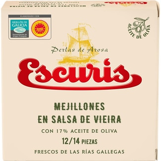 mejillones en salsa vieira DOP de las rías gallegas 12-14 piezas lata 69 g neto escurrido - Escuris