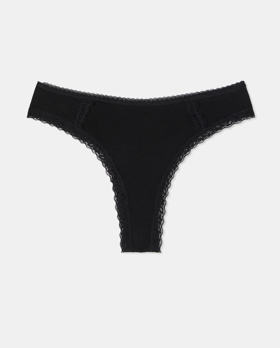 Tanga em Tecido de Modal e Renda Preto-3