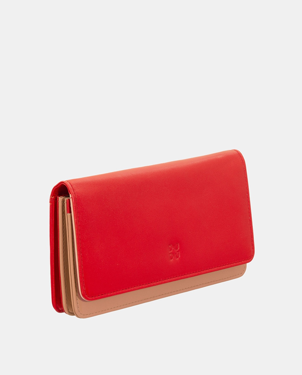 Carteira Grande com Aba e Botão e em Pele de Bezerro Tipo Napa - Vermelho Vermelho-6