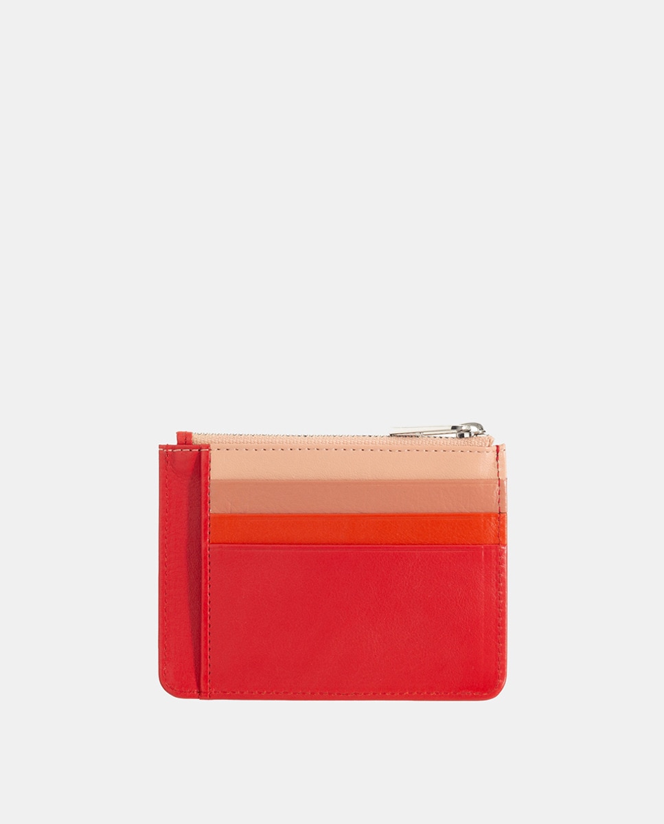 Porta-Cartões com Porta-Moedas de Fecho de Correr e em Pele de Bezerro Tipo Napa - Vermelho Vermelho-3