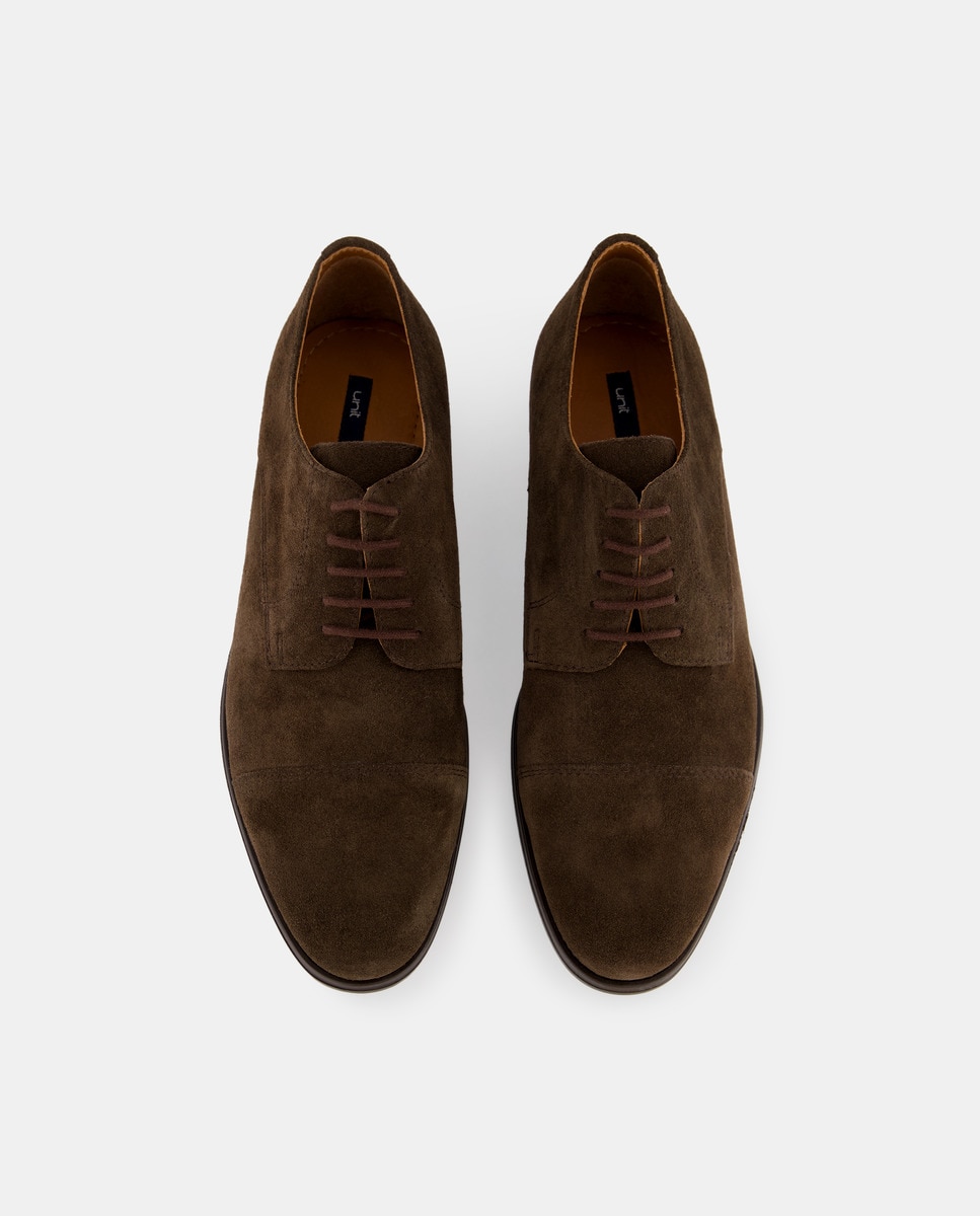 Zapato cordones de hombre puntera recta de serraje con piso de goma Marrón-4