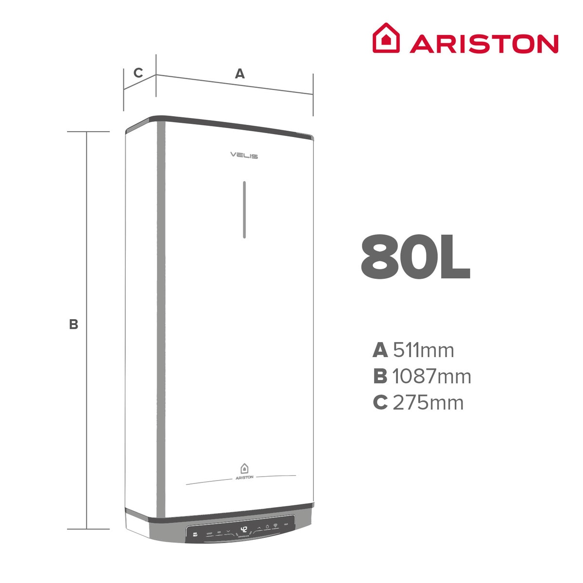 Termo eléctrico vertical/ horizontal Ariston 80 litros - VELIS DRY WIFI 80 GRIS WIND 39-3