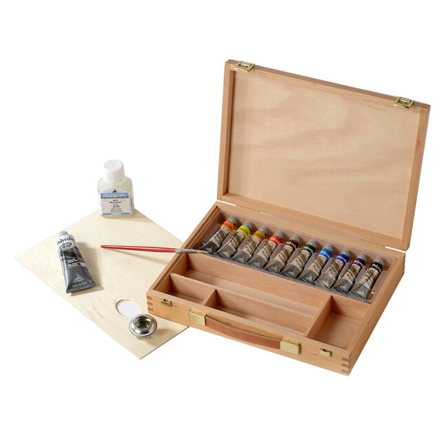 Imagen 0 de Maletín de madera de raiz de haya, pintura acrílica artística 15 unidades Polycolor Maimeri
