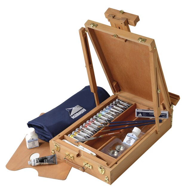 Imagen 0 de Maletín con caballete de madera de haya, pintura acrílica para artistas, set de 16 colores surtidos, con un total de 27 piezas, Polycolor Maimeri