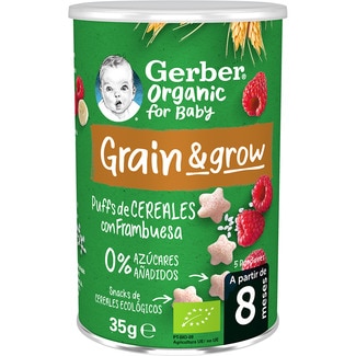 Grain & Grow puffs snacks ecológicos de cereales con frambuesa 0% azúcares añadidos lata 35 g desde 8 meses - Gerber