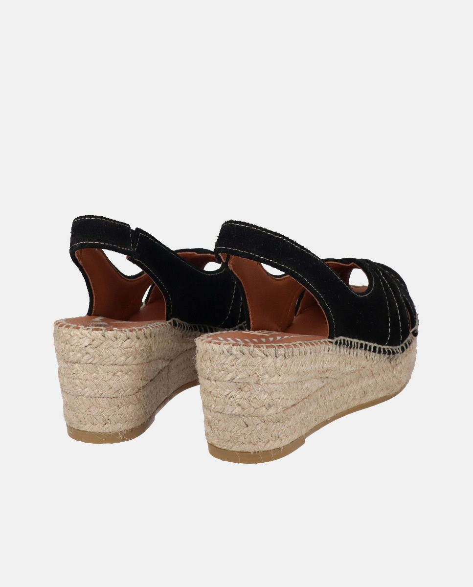 Alpercatas de Cunha Tipo Peep Toe em Croute Preto-3