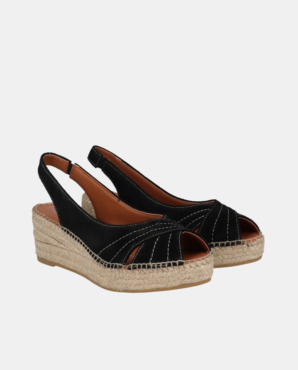 Alpercatas de Cunha Tipo Peep Toe em Croute Preto-2
