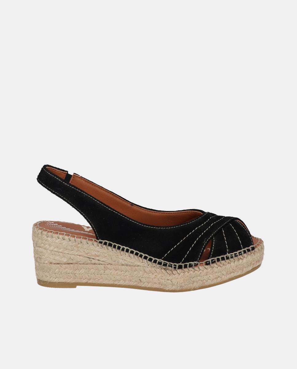 Alpercatas de Cunha Tipo Peep Toe em Croute Preto-1