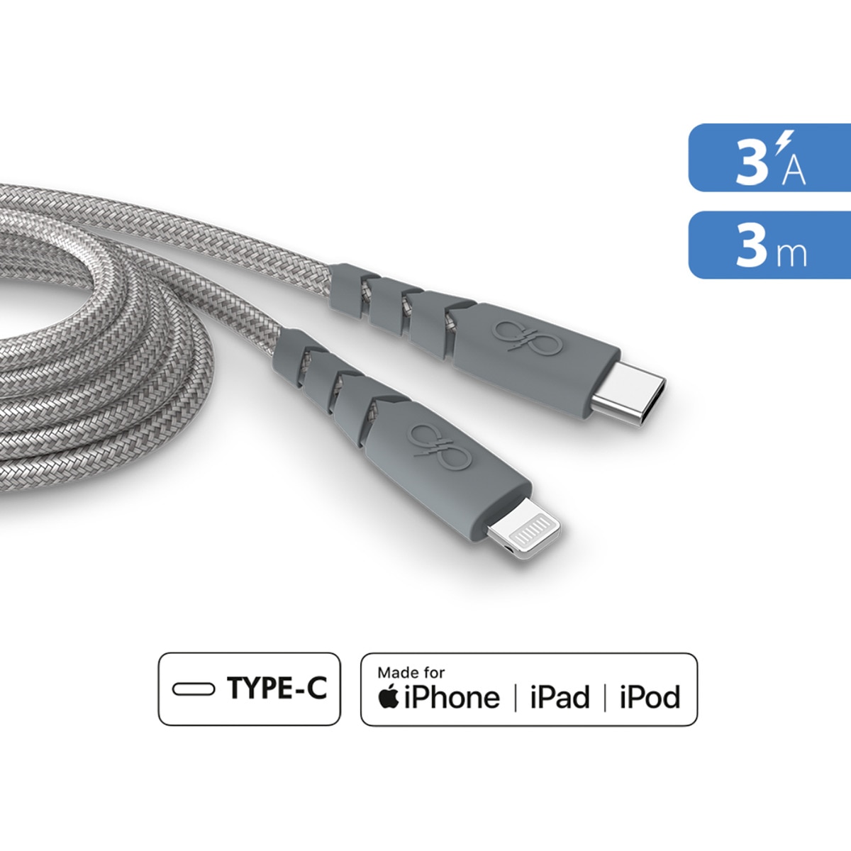 Cable Ultra Reforzado USB C - USB Lightning 3A 3 m Gris-1