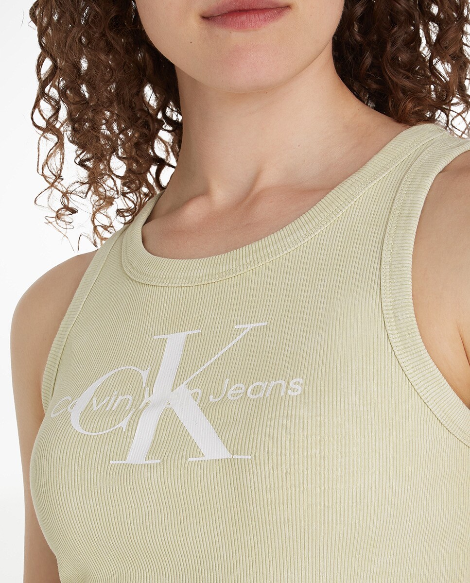 T-shirt de Alças com Monograma Canelado e em Algodão Verde-claro-3