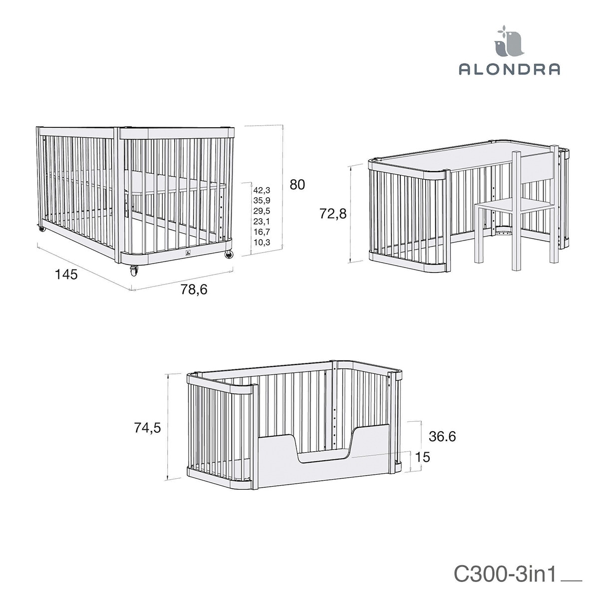 Berço - Cama (3 em 1) Crea due 70x140 cm - Nomad Madeira Madeira-11