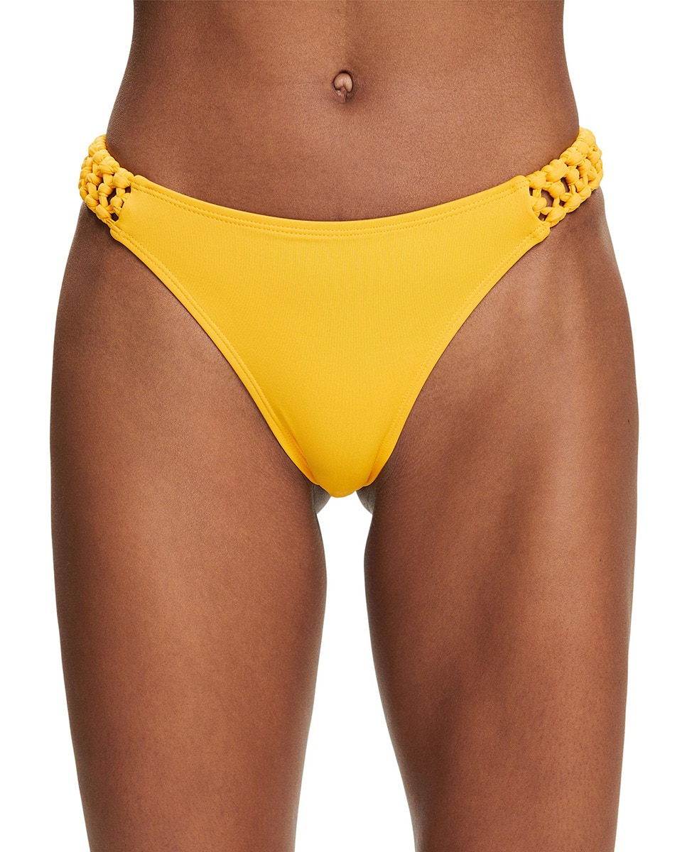 Cueca Asa Delta de Biquíni Tipo Tanga Lisa com Detalhes Laterais em Crochet Entrançado Amarelo-1