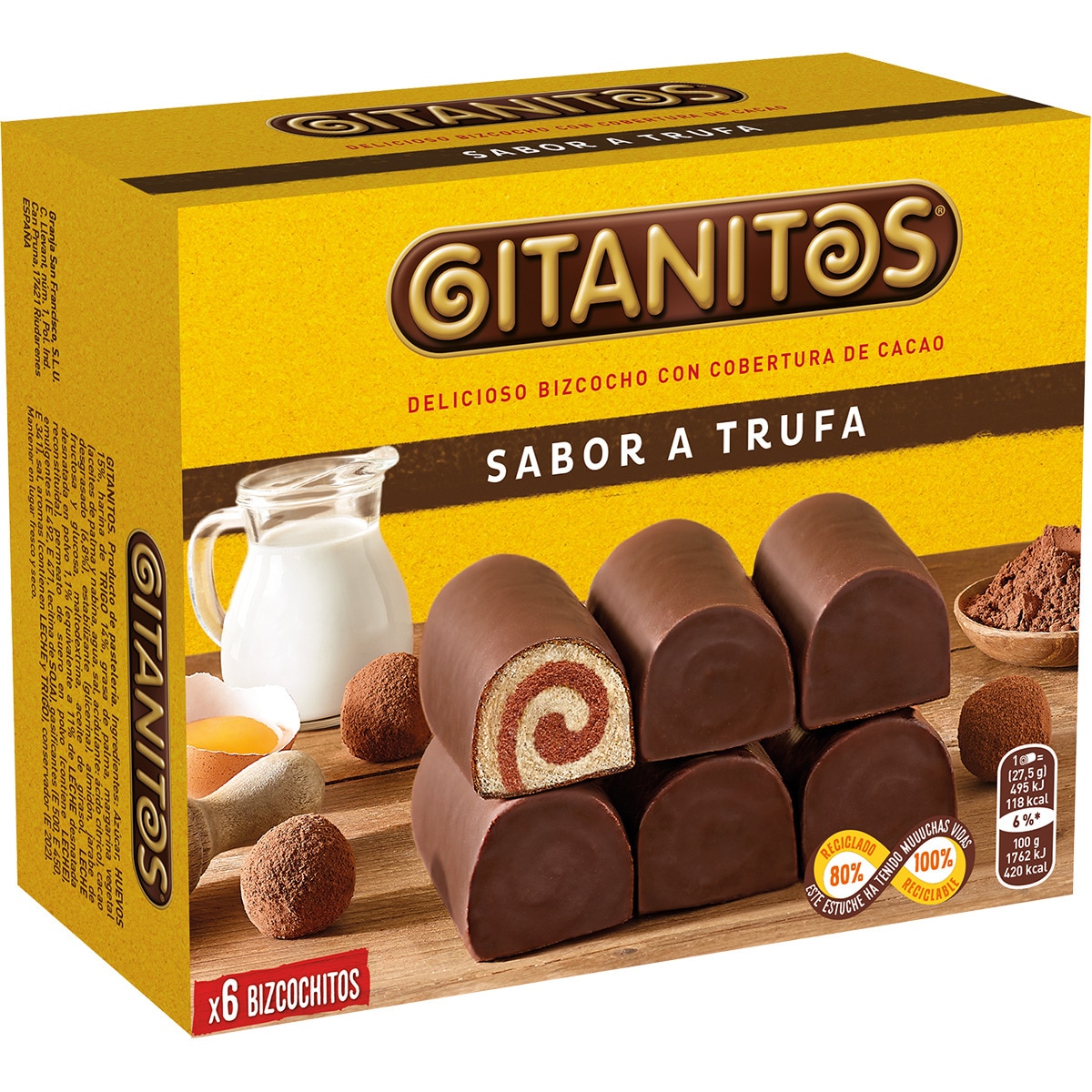 bizcochos con cobertura de cacao y relleno con sabor a trufa paquete 6 unidades