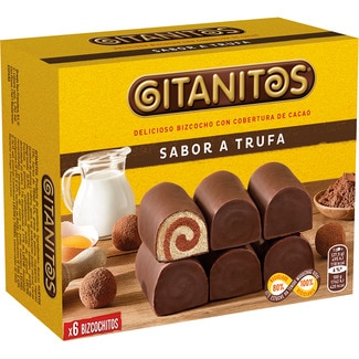 bizcochos con cobertura de cacao y relleno con sabor a trufa paquete 6 unidades - Gitanitos