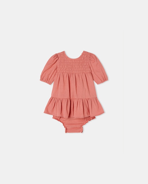 Imagen 0 de Vestido nido de abeja con lino de bebe niña