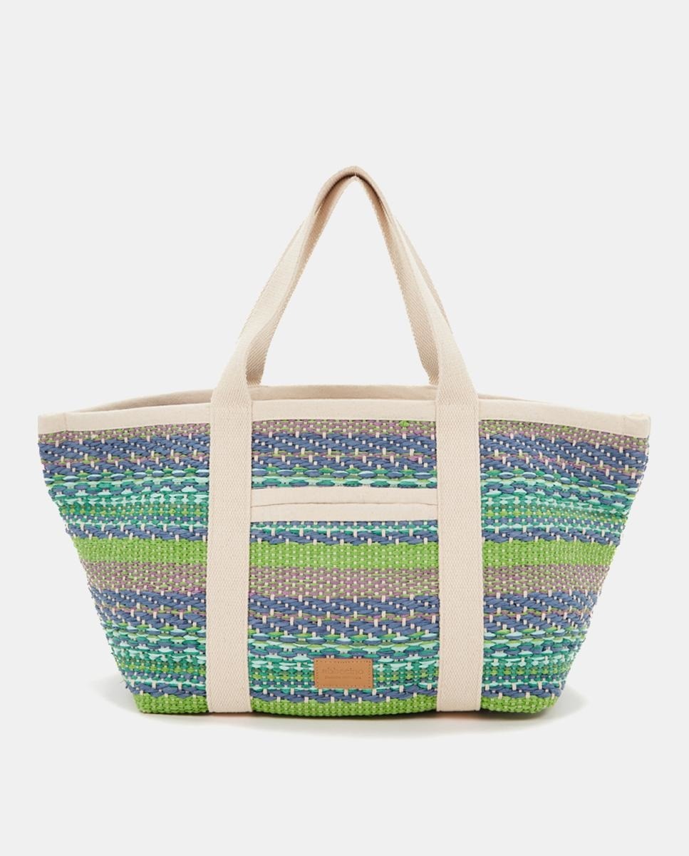 Bolso de playa de fibras naturales con detalles en verde y cierre cremallera — oferta en Primeriti