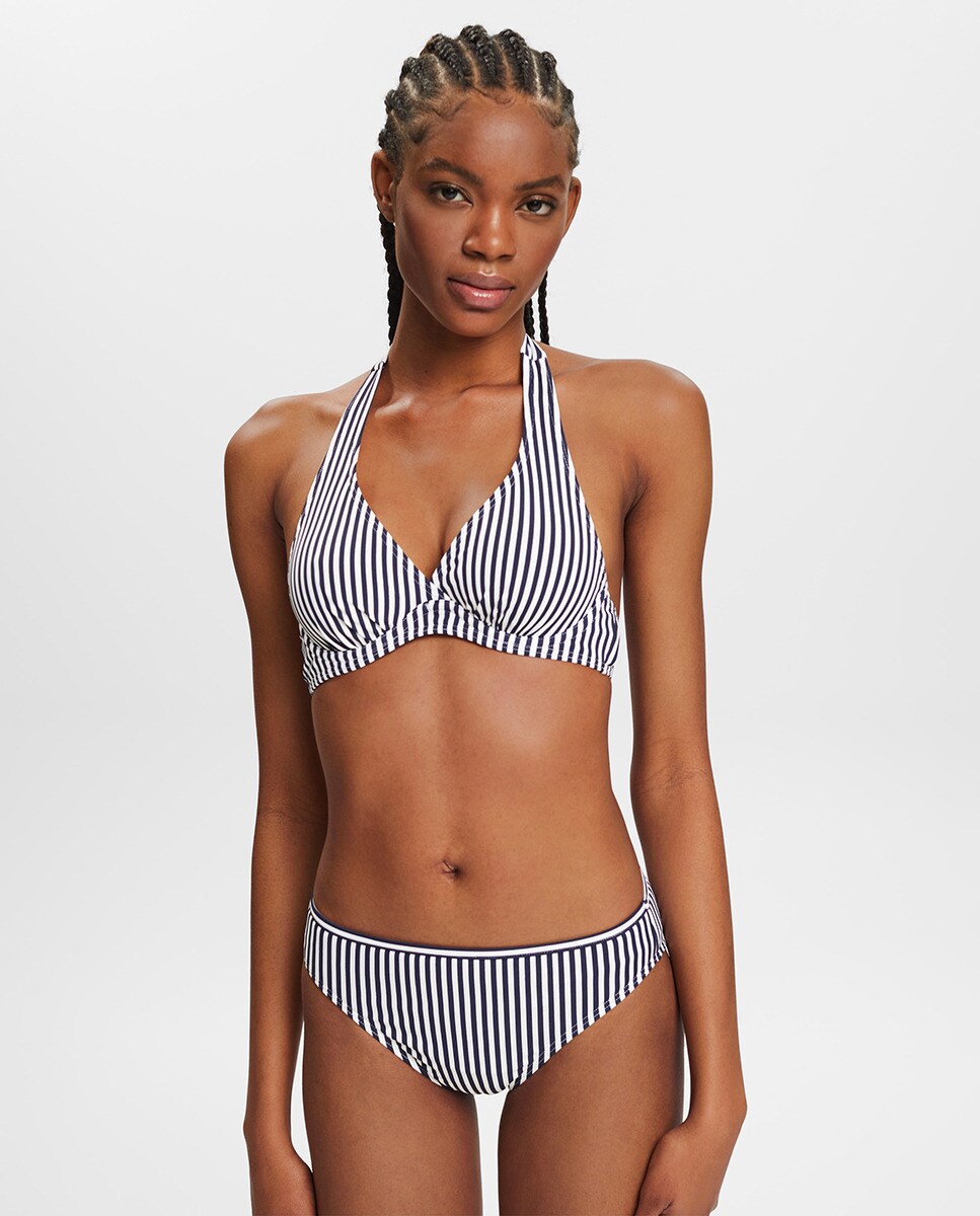 Cueca de Biquíni Clássica com Estampado às Riscas e em Tecido Estruturado Fino Canelado Azul-marinho-5