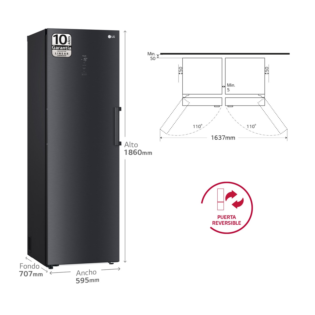 Congelador vertical LG 186 cm, 355 l, Multi Air Flow - GFM61MCCSF Negro mate-4