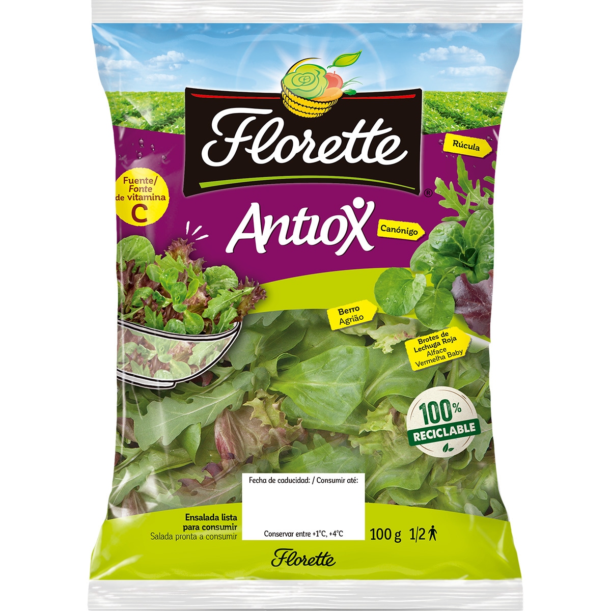 ensalada antiox con lollo rosso brote, canónigo, rúcula y berro bolsa 100 g