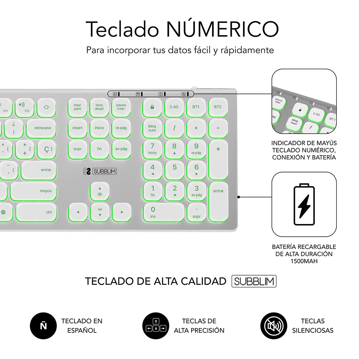 Teclado inalámbrico Subblim Master, iluminado, extendido, Bluetooth y 2,4 GHz Blanco / Plata-5