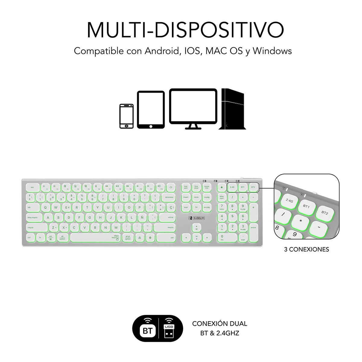 Teclado inalámbrico Subblim Master, iluminado, extendido, Bluetooth y 2,4 GHz Blanco / Plata-3