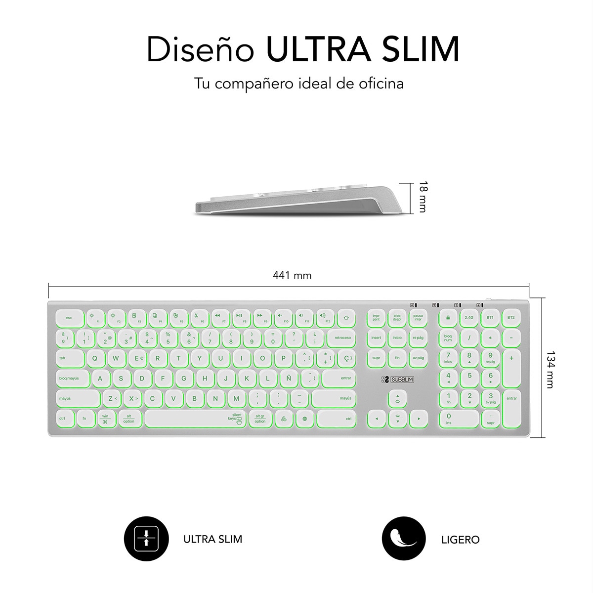 Teclado inalámbrico Subblim Master, iluminado, extendido, Bluetooth y 2,4 GHz Blanco / Plata-4