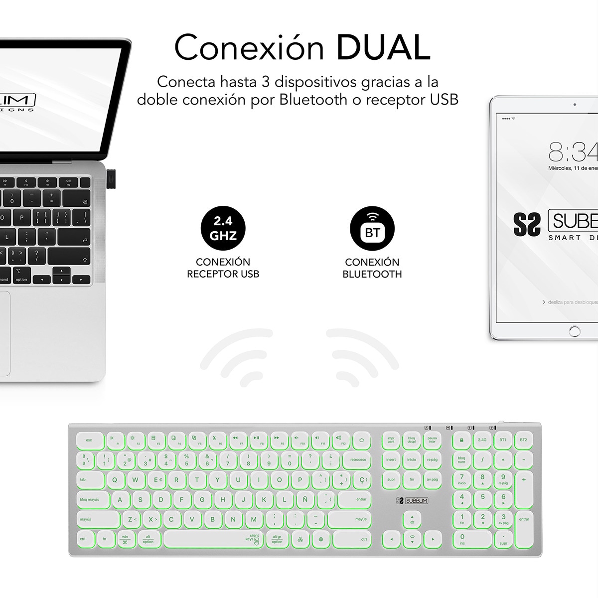 Teclado inalámbrico Subblim Master, iluminado, extendido, Bluetooth y 2,4 GHz Blanco / Plata-2
