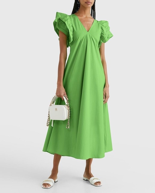 Imagen 0 de Vestido de satén cuello pico manga corta