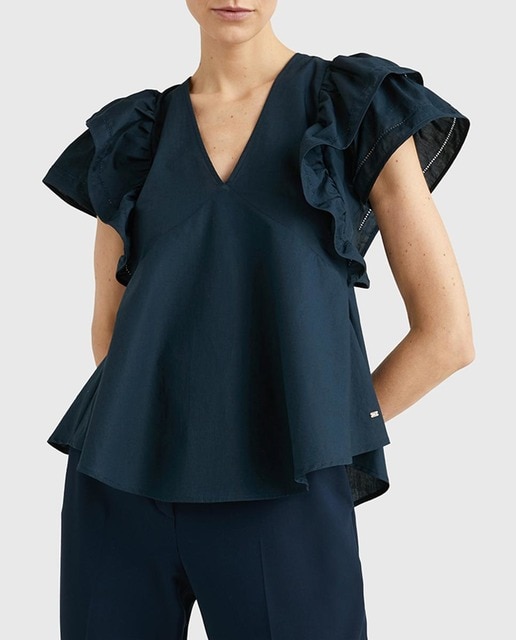 Imagen 0 de Blusa de mujer de satén con cuello pico