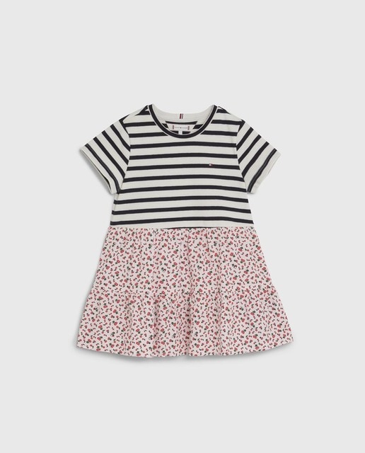 Imagen 0 de Vestido de bebé niña de bebé niña estampado combinado con manga corta y logo bandera bordado