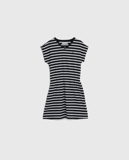 Imagen 0 de Vestido estampado a rayas manga corta con cuello pico, cintura elástica y logo bandera