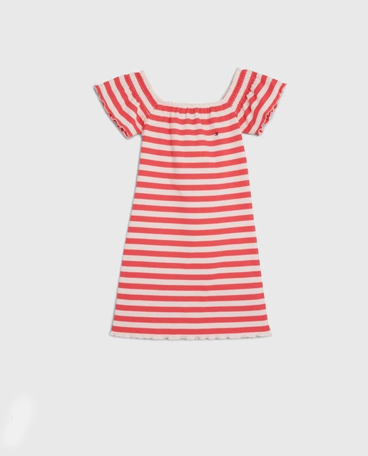 Imagen 0 de Vestido elástico estampado a rayas con manga corta y logo bandera bordado