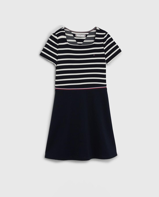 Imagen 0 de Vestido de punto manga corta con parte de arriba a rayas y falda lisa con logo bandera