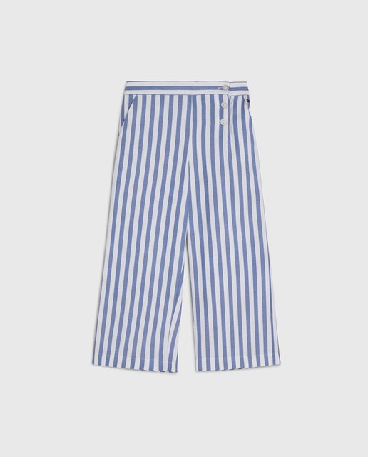 Imagen 0 de Pantalón de niña a rayas con cierre lateral abotonado y logo bandera bordado