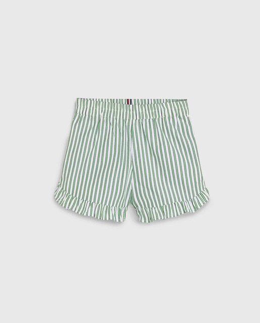 Imagen 0 de Pantalón corto de niña estampado a rayas con cintura elástica y volantes en las perneras