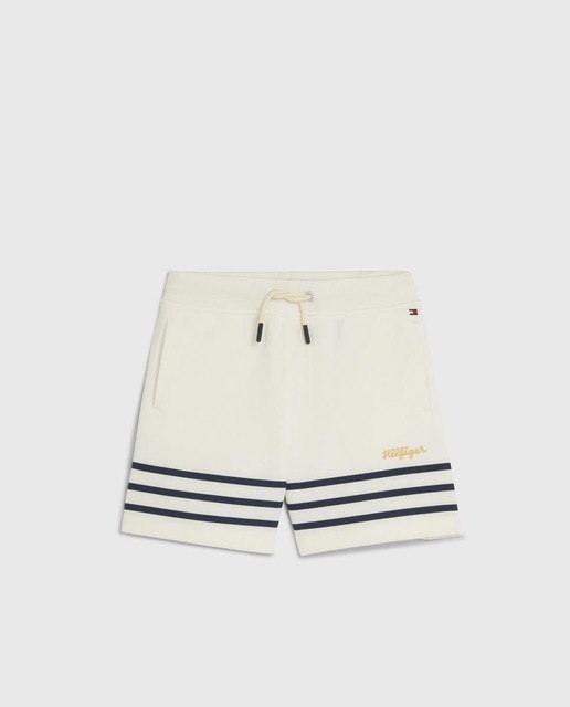 Imagen 0 de Pantalón corto de niña con detalle estampado a rayas, cintura elástica y logo Tommy bordado en dorado