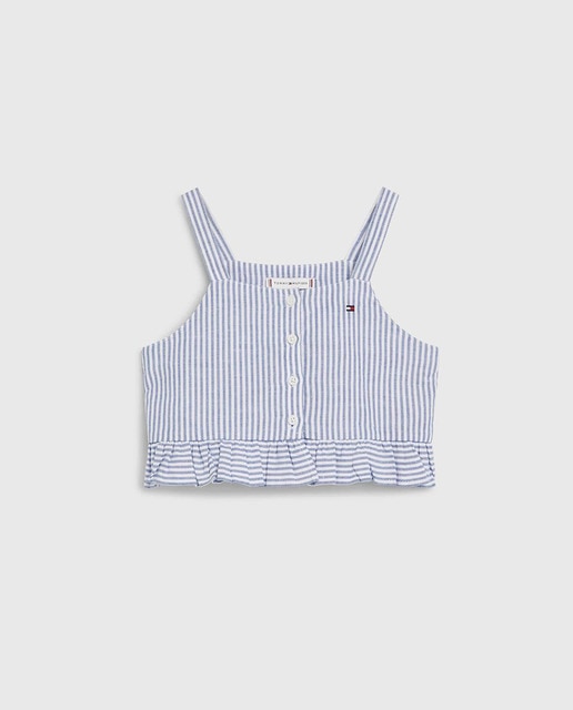 Imagen 0 de Top de bebé niña abotonado de tirantes, con volante inferior estampado a rayas y logo bandera