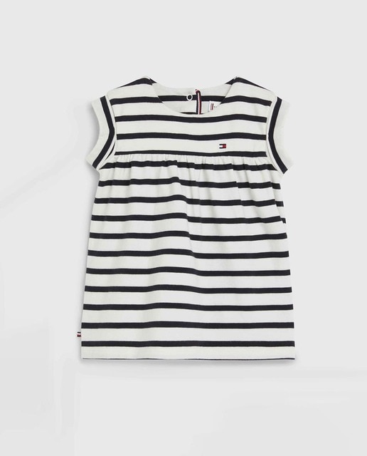 Imagen 0 de Vestido de bebé niña sin mangas estampado a rayas y logo bandera bordado