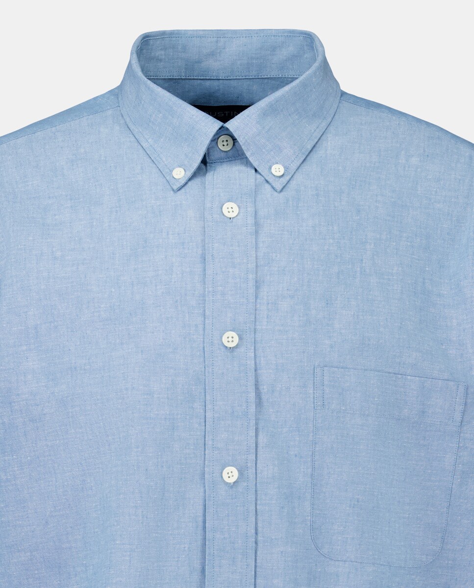 Camisa Clássica de Linho e Algodão Azul-5