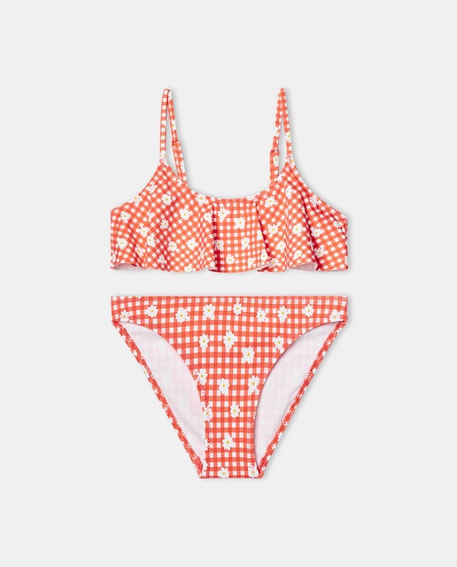 Imagen 0 de Bikini de niña con cuadros vichy y margaritas