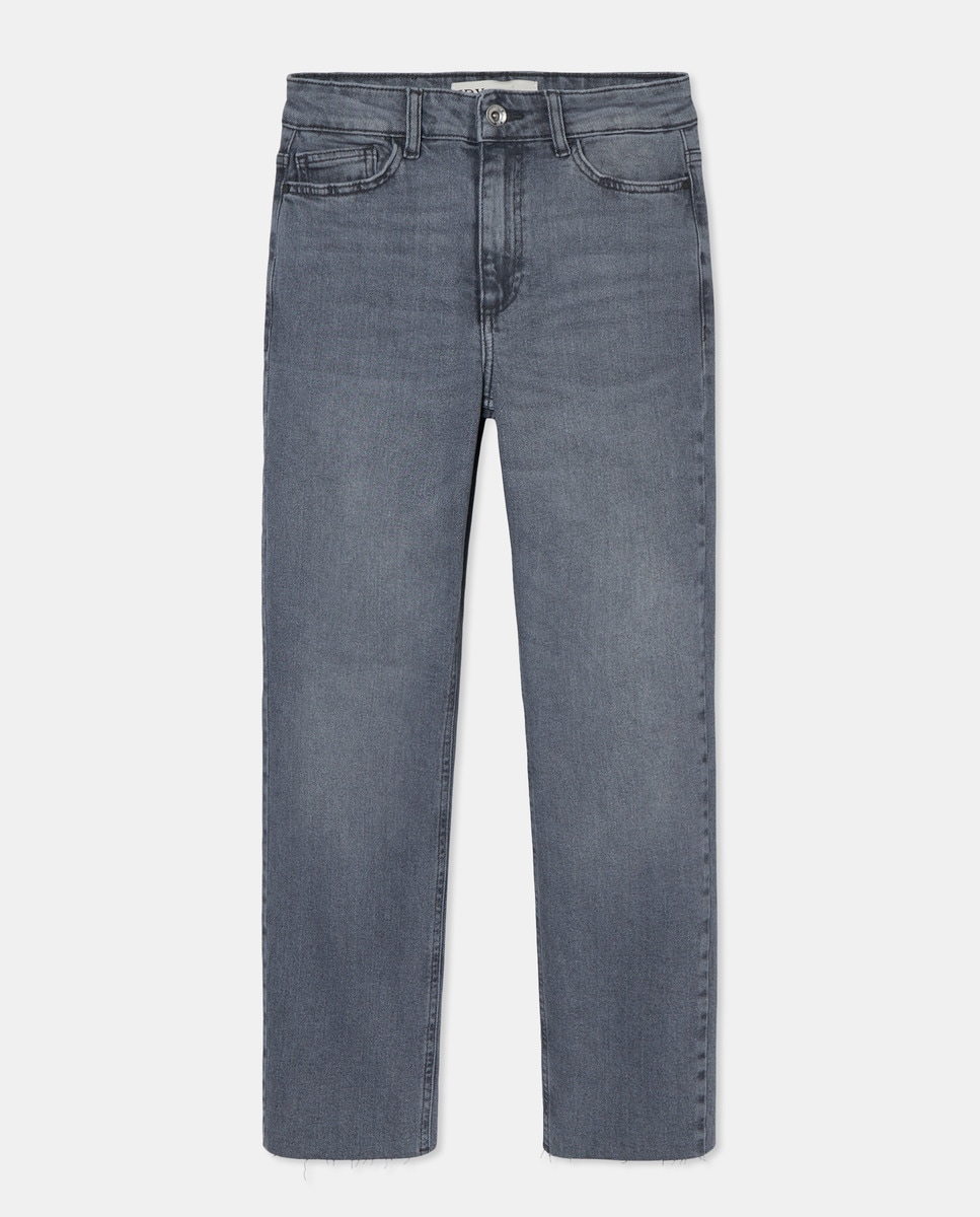 Jeans Regular com Cintura Subida Cinzento-claro-4
