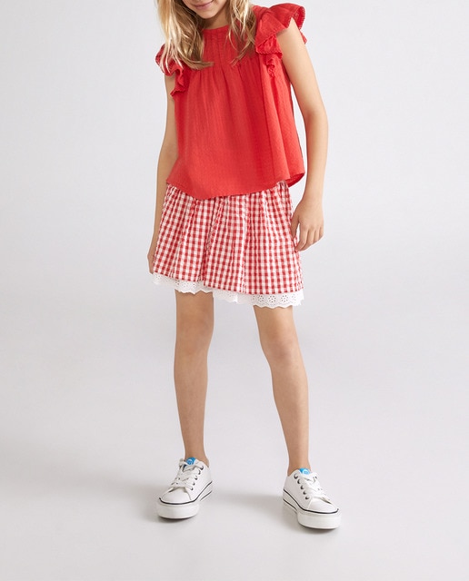 Imagen 0 de Falda de niña cuadro vichy y puntilla