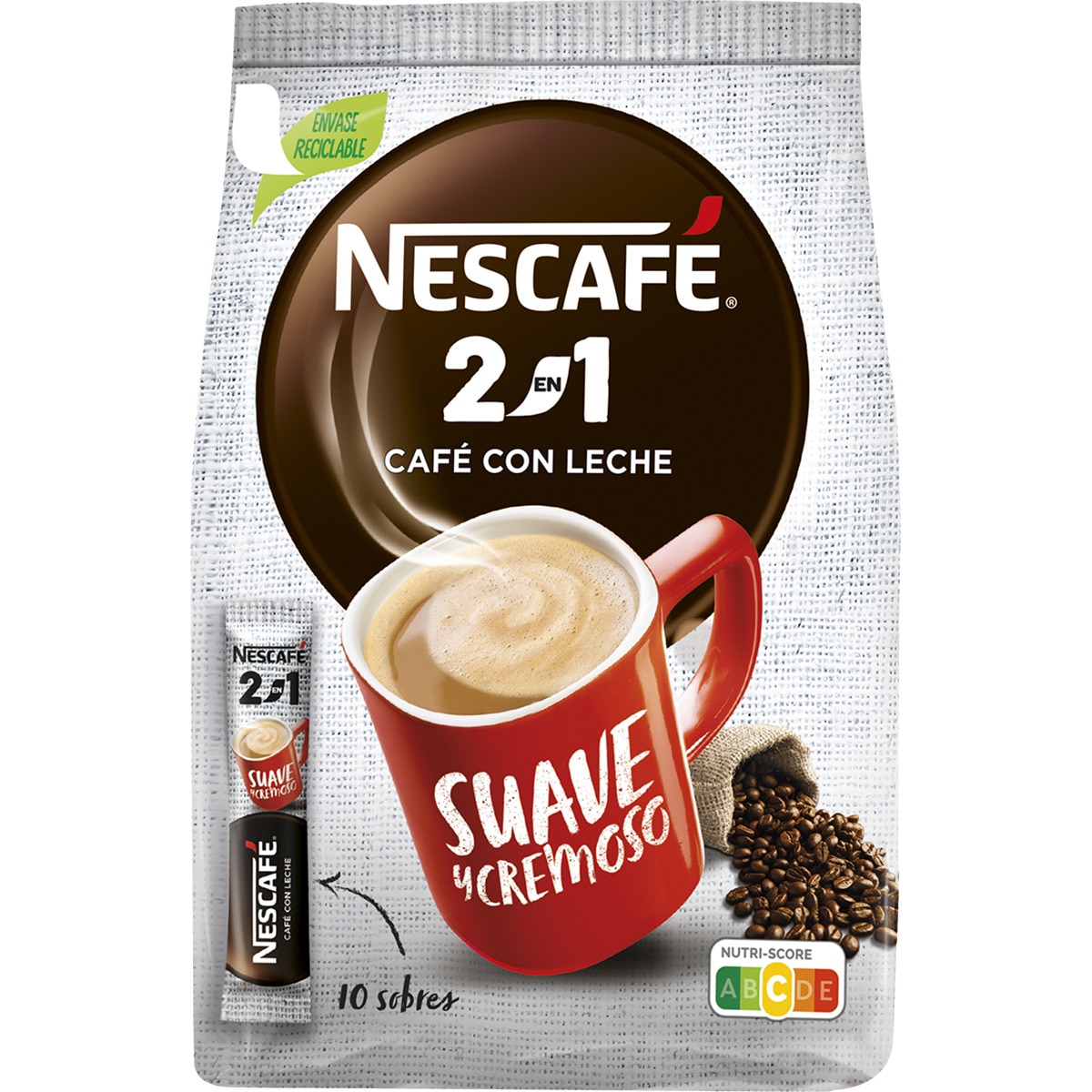 2 en 1 café soluble con leche suave y cremoso 10 sobres estuche 90 g