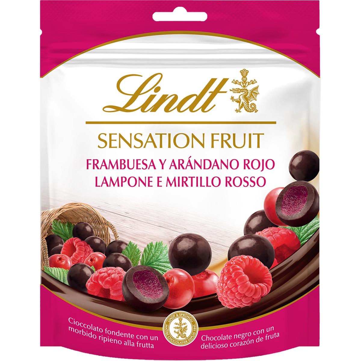 perlas de chocolate negro con corazón de frambuesas y arándano rojo bolsa 150 g